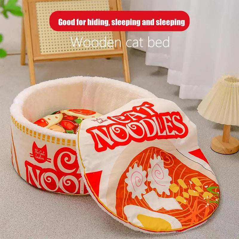 Ramen Noodle Shape Fleece-Lined Pet Bed Warm Breathable Detachable Round Cat Nest F-lip Cover Semi-enclosed Cat Bed