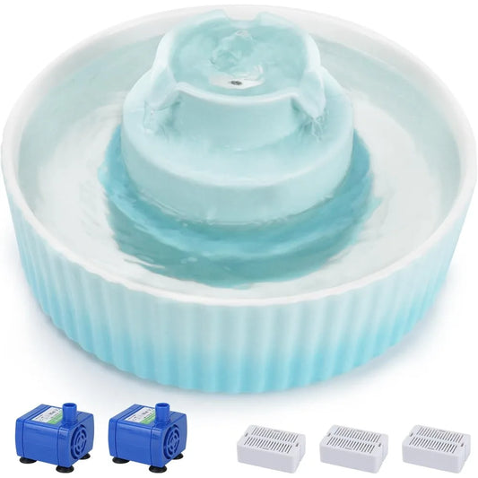 2.1L/71oz Ceramic Cat Water Fountain with 3 Carbon Filters and 2 Water Pumps, Cupcake Pet Water Fountain for Cats and Dogs