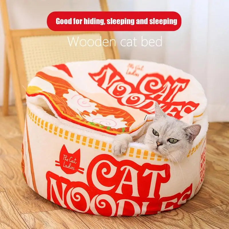 Ramen Noodle Shape Fleece-Lined Pet Bed Warm Breathable Detachable Round Cat Nest F-lip Cover Semi-enclosed Cat Bed