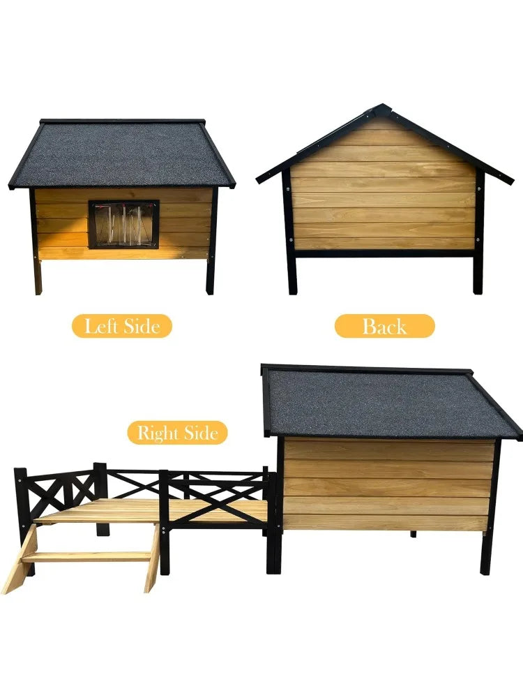 Large Dog House Outdoor Indoor, Weatherproof Dog Houses with Porch, Wooden Dog House with Window (Wodden)