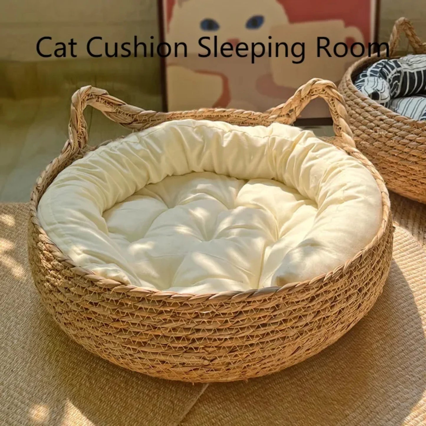Seasonal warmth pad for all four seasons - Cozy and warm handmade woven vine cat nest with detachable and washable winter pet su