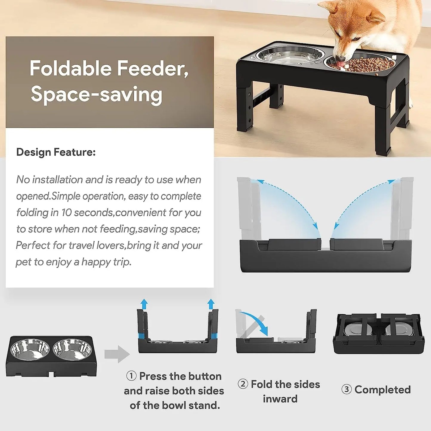Multi Heights Folding Feeder, Raised Dog & Cat Bowls - Adjustable Heights & Stainless Steel - Perfect for Small & Large Pets!