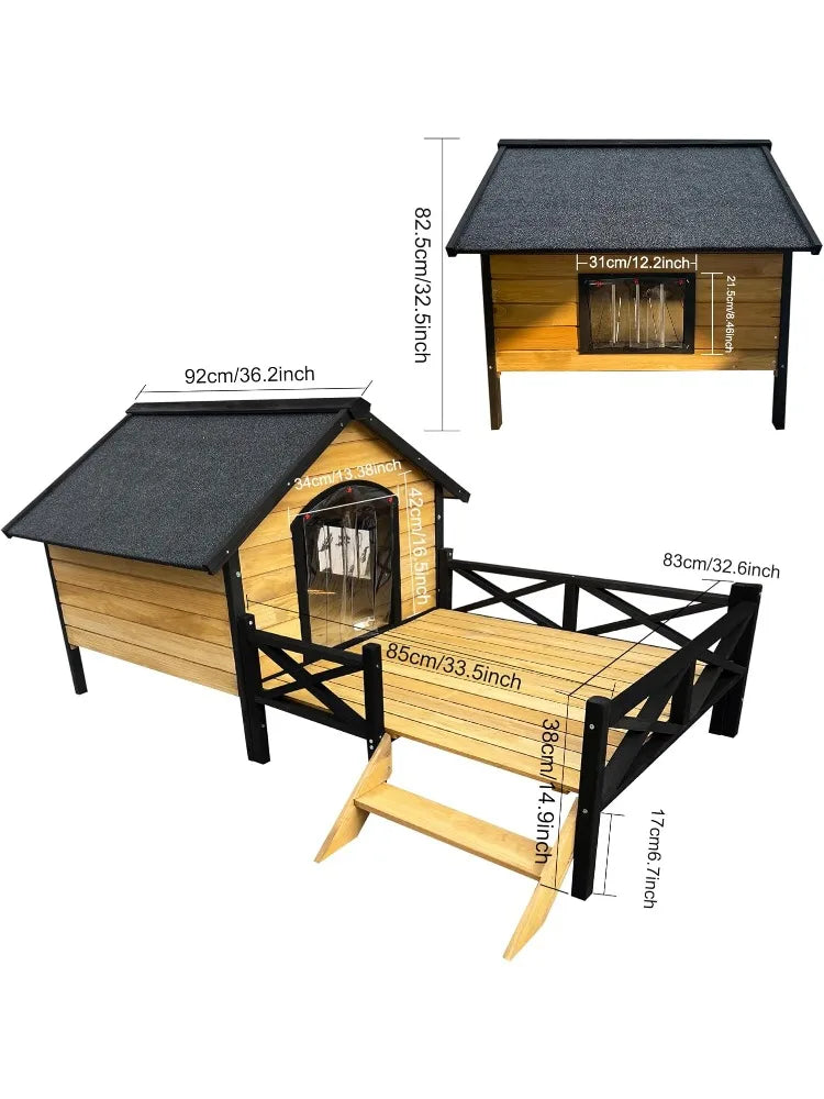 Large Dog House Outdoor Indoor, Weatherproof Dog Houses with Porch, Wooden Dog House with Window (Wodden)