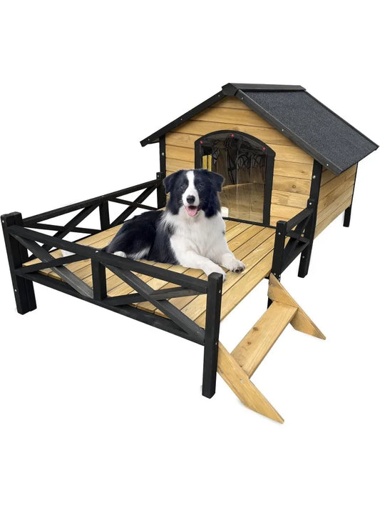 Large Dog House Outdoor Indoor, Weatherproof Dog Houses with Porch, Wooden Dog House with Window  (Wodden)