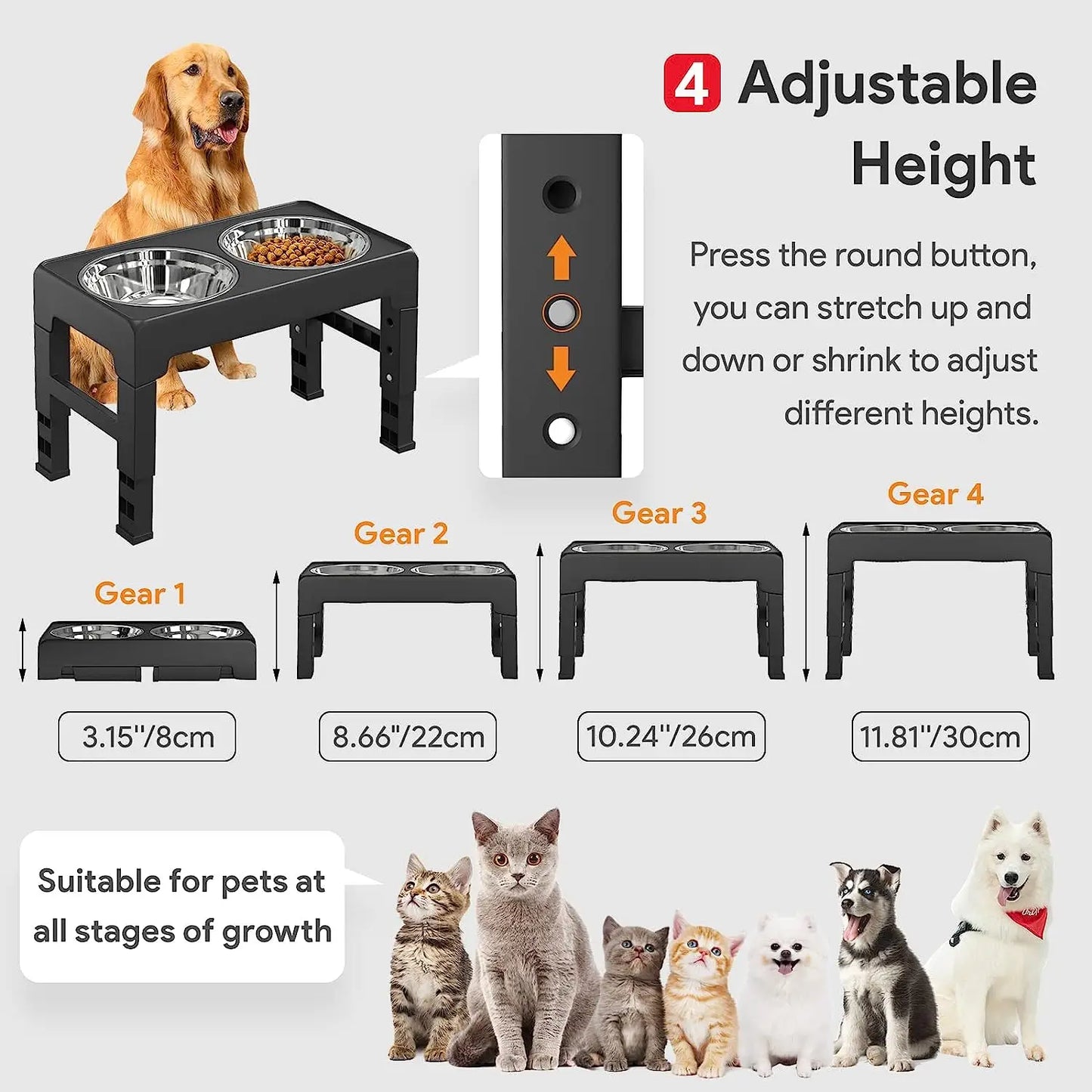 Multi Heights Folding Feeder, Raised Dog & Cat Bowls - Adjustable Heights & Stainless Steel - Perfect for Small & Large Pets!