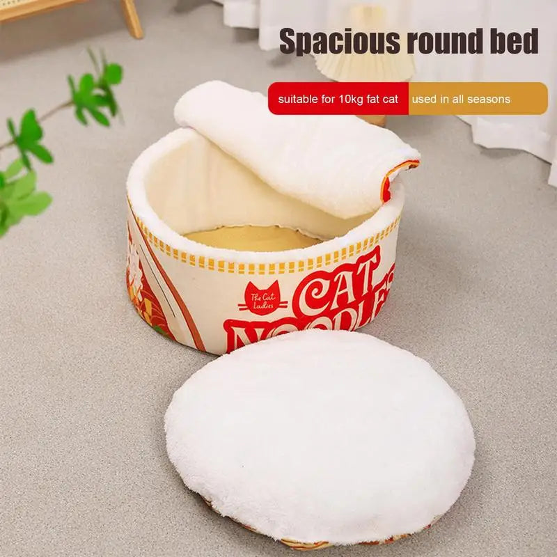 Ramen Noodle Shape Fleece-Lined Pet Bed Warm Breathable Detachable Round Cat Nest F-lip Cover Semi-enclosed Cat Bed