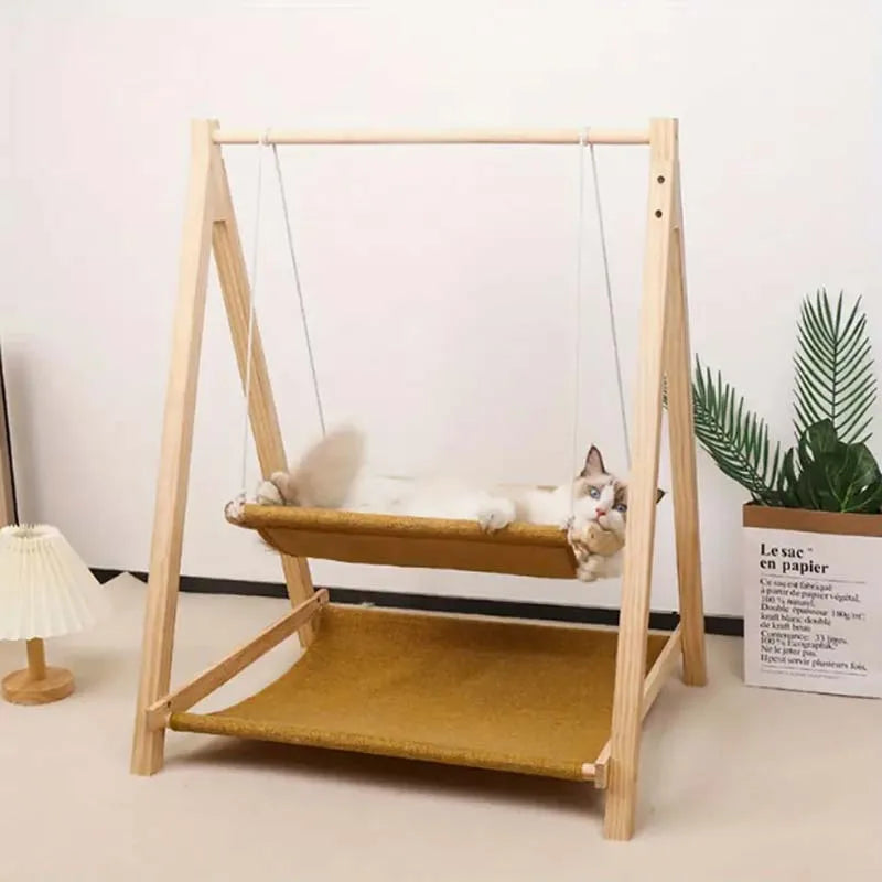 Cozy Dual-Level Wooden Cat Swing Bed - Raised Pet Hammock with Beige Fabric, Sturdy All-Season