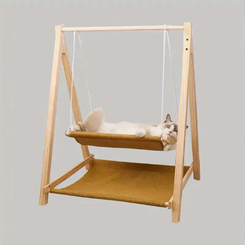 Cozy Dual-Level Wooden Cat Swing Bed - Raised Pet Hammock with Beige Fabric, Sturdy All-Season