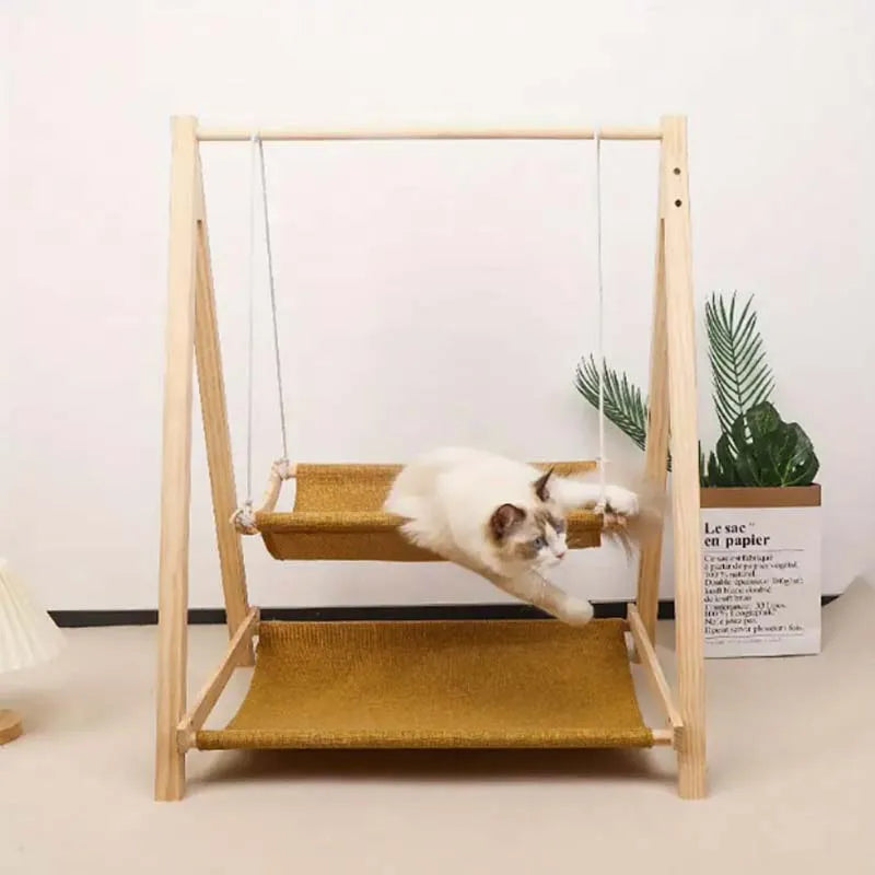 Cozy Dual-Level Wooden Cat Swing Bed - Raised Pet Hammock with Beige Fabric, Sturdy All-Season