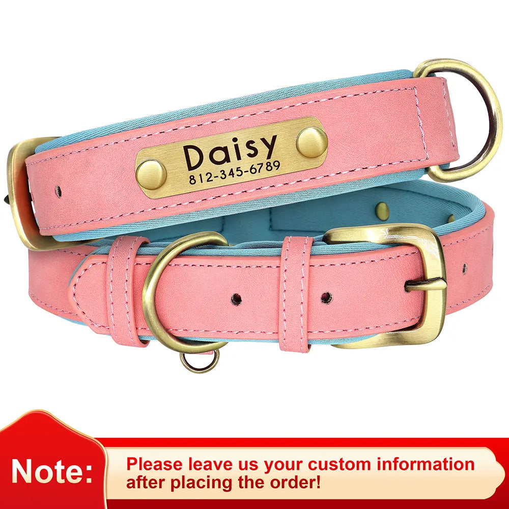 Customized Leather ID Nameplate Dog Collar Soft Padded Dogs Collars Free Engraving Name