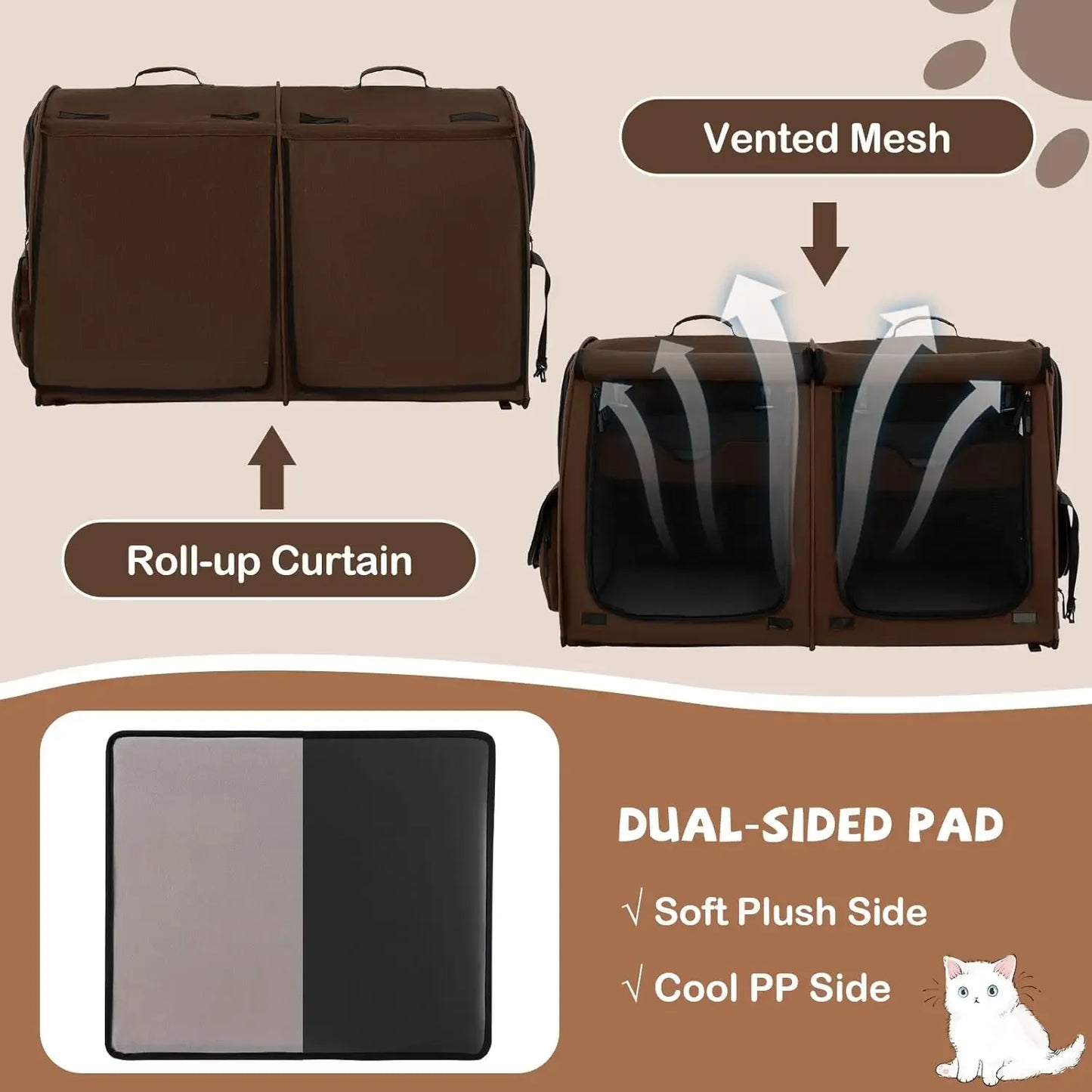 40 Inch Cat Carrier with Double Compartments, Portable Pet Kennel