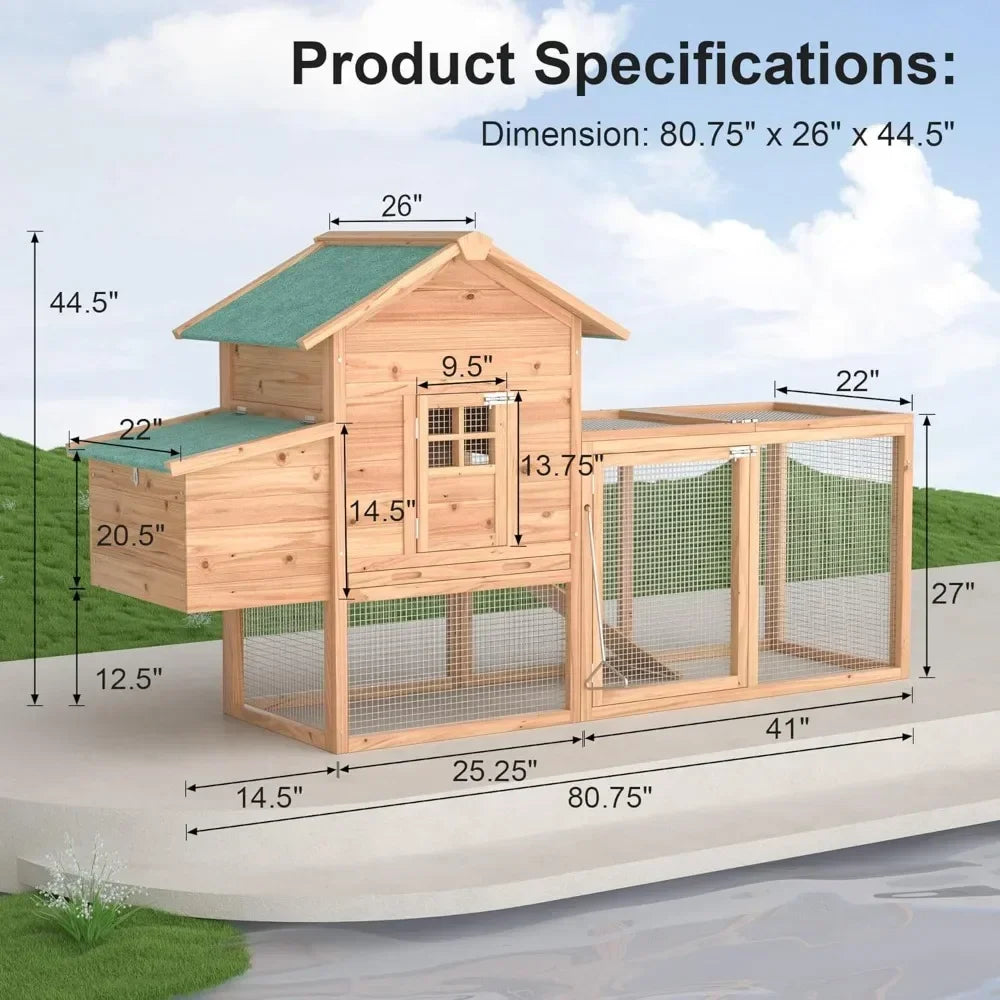 Outdoor Chicken Coop for 2-4 Chickens Wooden Hen House Poultry Pet Hutch Run Cage with Waterproof Asphalt Roof, Wire Fence (80")