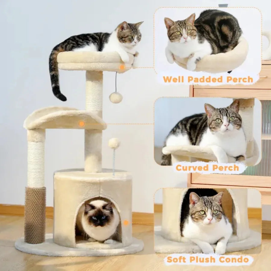 Small Cat Tree for Indoor Cats Medium Cat Tower with Interactive Cat Toy 32.7" Cat Condo with Self Groomer Brush Natural Cat Sc