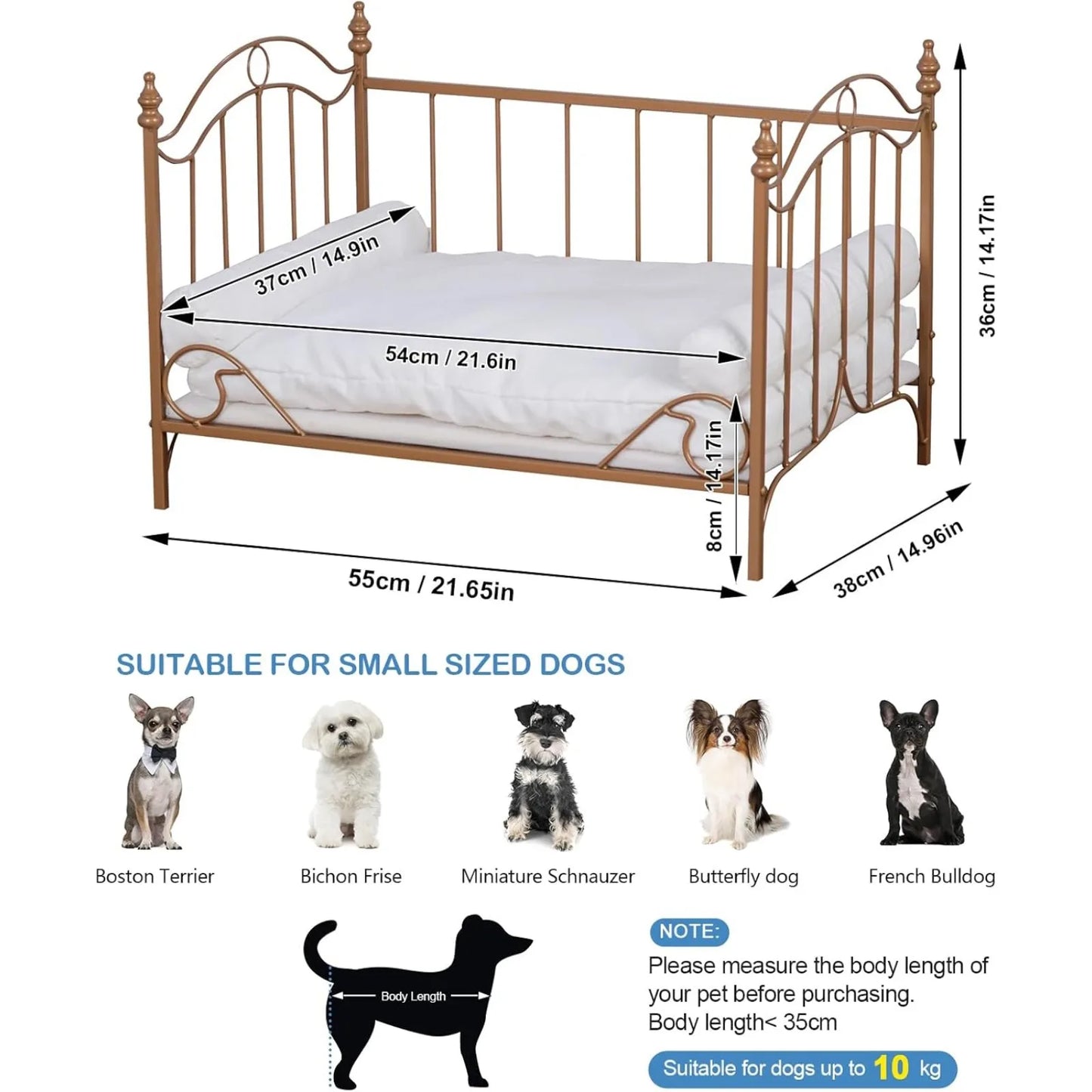 US Pet Bed, Dog Bed with Metal Frame and Detached White Velvet Cushion with 2 Pillow for Small Dog