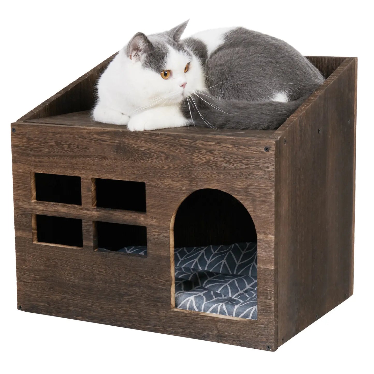 Solid Wooden Cat  Litter Box for Indoor Cat Bed Cave House Furniture with Comfortable Cushion Pad Kitten Sleep Lounge House