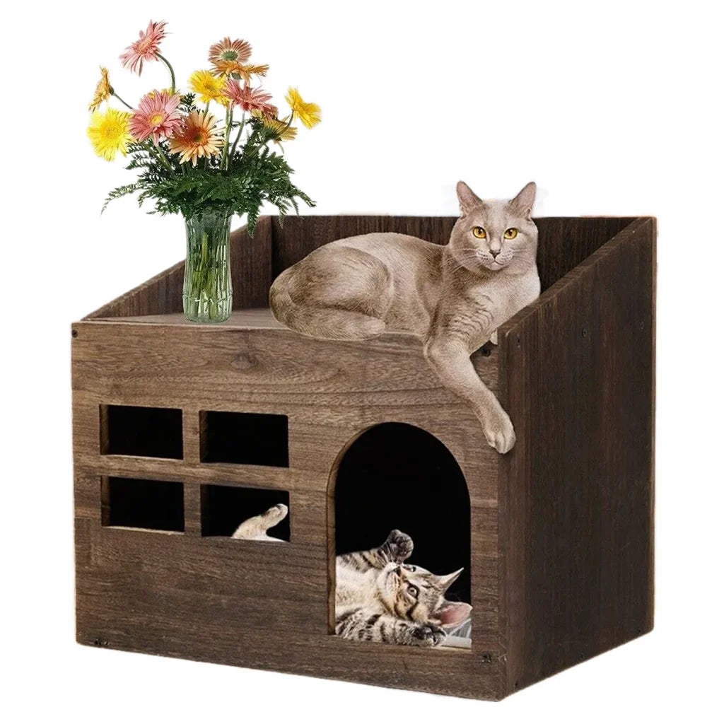 Solid Wooden Cat  Litter Box for Indoor Cat Bed Cave House Furniture with Comfortable Cushion Pad Kitten Sleep Lounge House