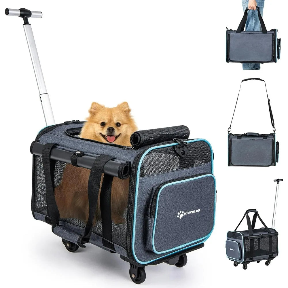 Pet Carrier with Wheels, Airline & TSA Approved, Cat/Dog Travel Soft Carrier Bag, Rolling Pet Backpack with Telescopic Handle