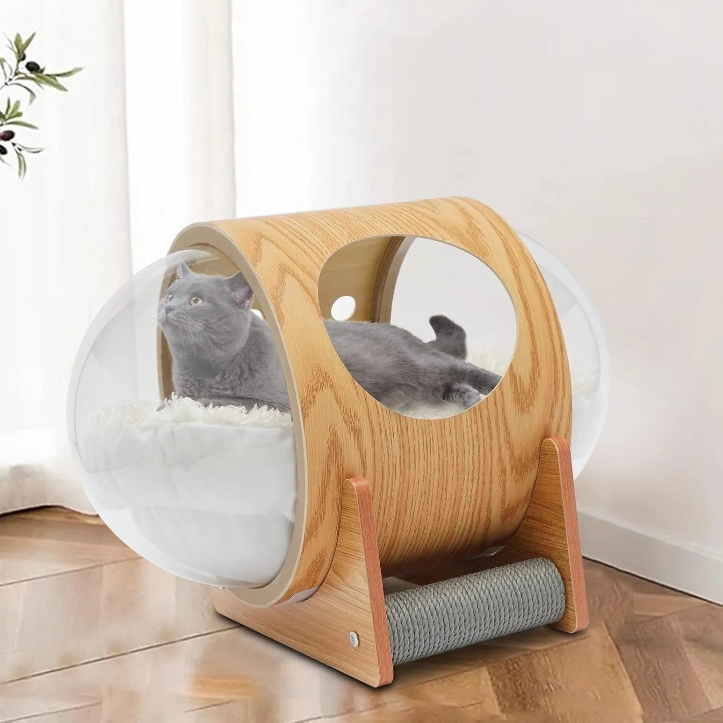 Wooden Cat Bed, Modern Spaceship Bed with Acrylic Dome, Large Transparent Capsule for Indoor Use, Covered Cat House with Cushion