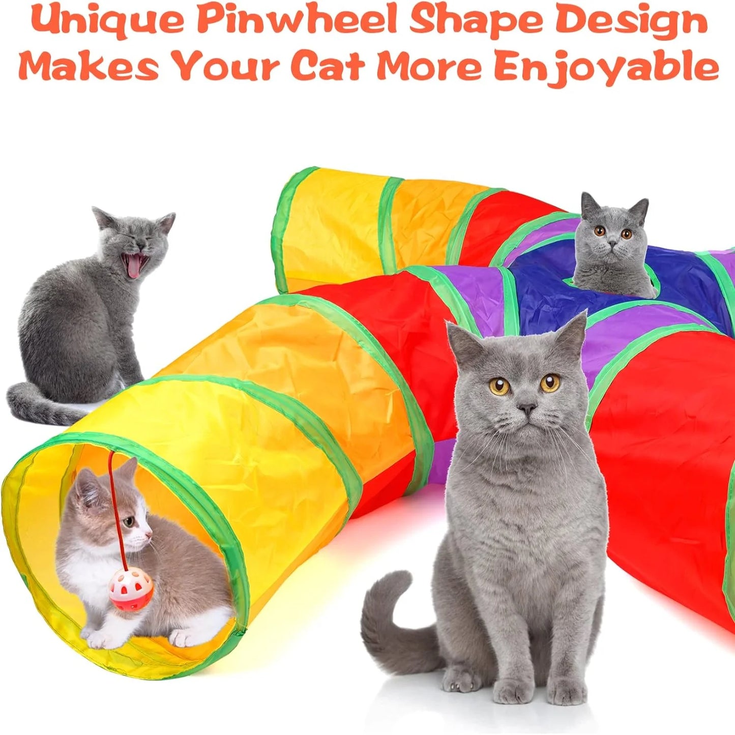 Enticing Collapsible Cat Tunnel Set with 4 Entrances - Rainbow Pinwheel Shape - Includes 11 Catnip Toys - Interactive Indoor Pla