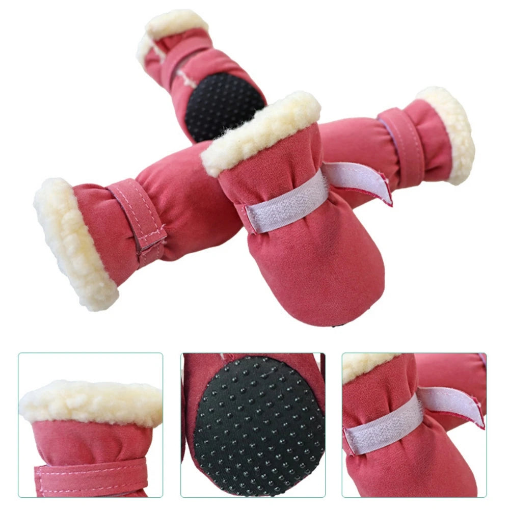 4Pcs Pet Dog Snow Boots Autumn Winter Warm Plush Dog Shoes for Small Medium Dog Cats S-XL Soft with Non-Slip Soles