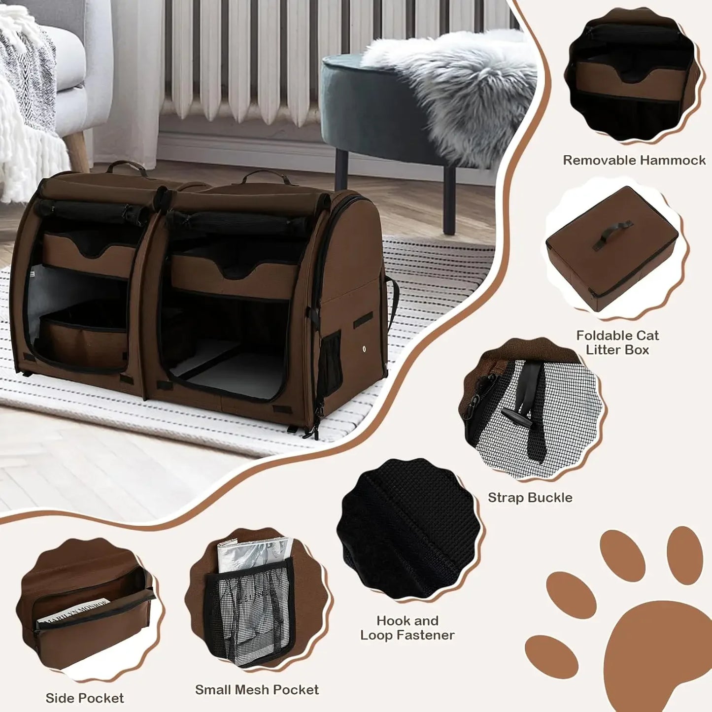 40 Inch Cat Carrier with Double Compartments, Portable Pet Kennel