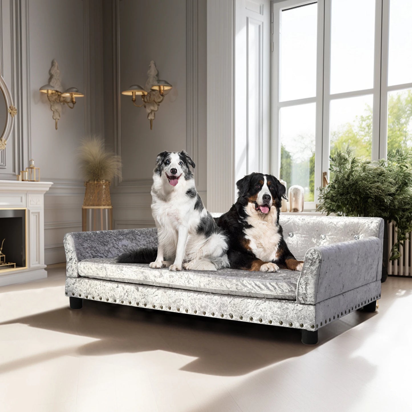 Luxury Velvet Tufted Dog Sofa Bed Large Elevated Pet Bed Upholstered Cushion Wooden Frame Raised Puppy Sofa Couch