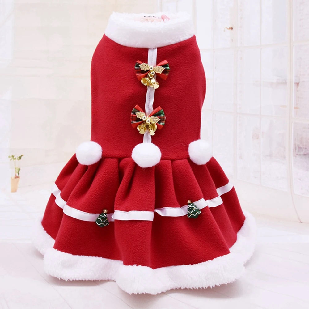 Christmas Dog Girls Costume Dress Puppy Warm Fleece Skirt Clothes Autumn Winter Pet Clothes Dog Red Skirt Fancy Dress Costume