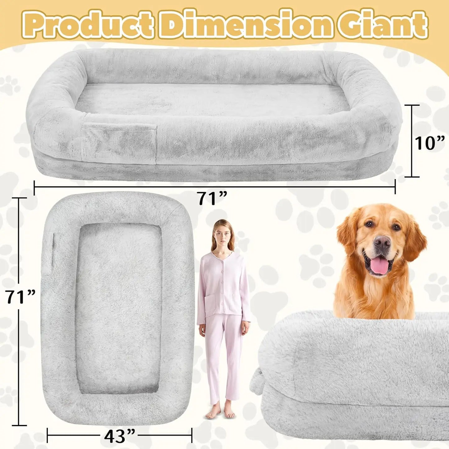 Human Dog Bed for Adults, 71" Long Human Size Dog Bed, Removable Cover, Washable, Waterproof, Orthopedic Design [Light Grey]