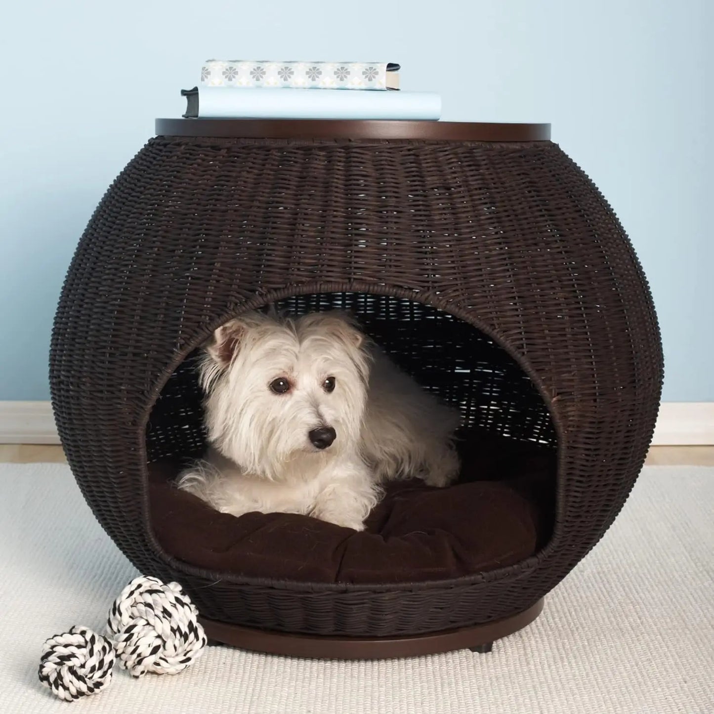 Igloo Indoor Dog Bed & Cat Bed in Smoke, Multipurpose Pet Bed with Table Top, Claw-Proof Faux Rattan is Easy to Clean, Includes