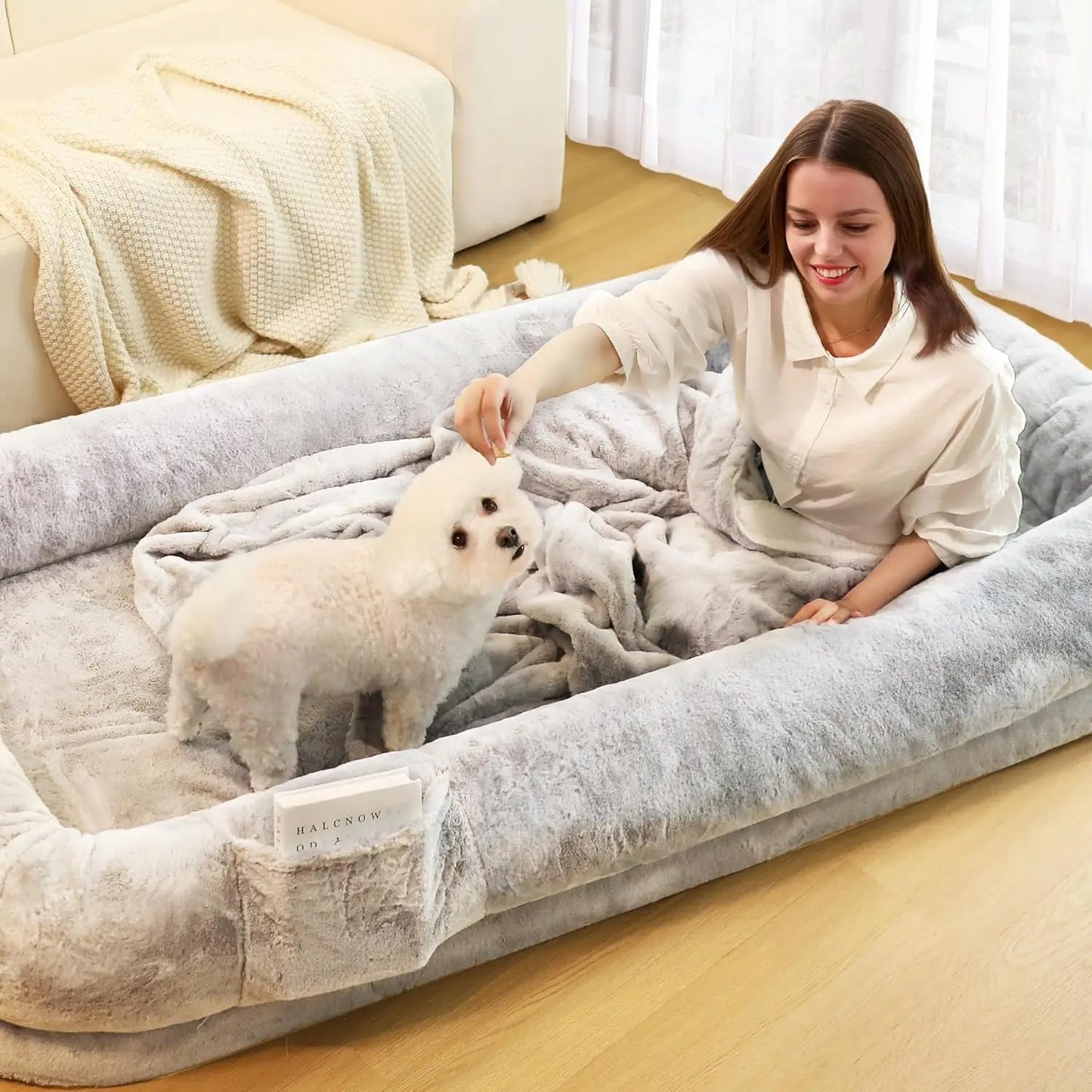 Human Dog Bed for Adults, 71" Long Human Size Dog Bed, Removable Cover, Washable, Waterproof, Orthopedic Design [Light Grey]