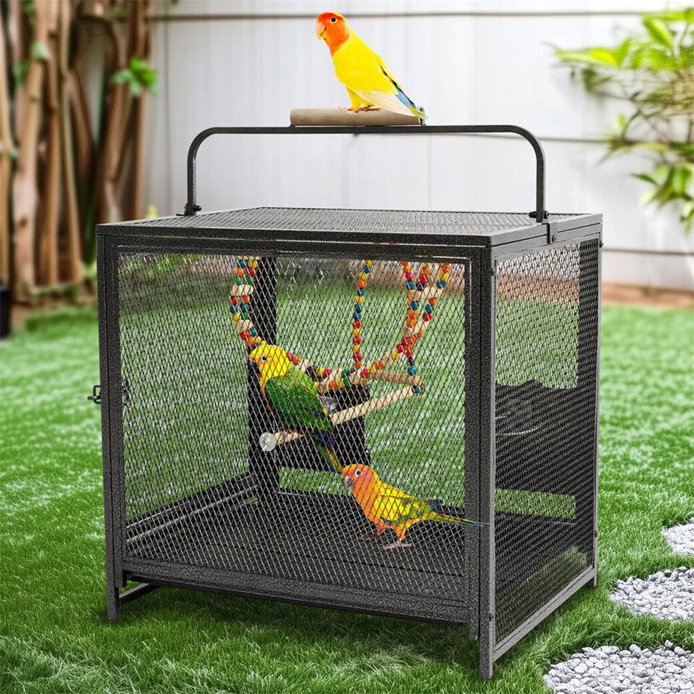 Heavy Duty Wrought Iron Bird Cage Travel Carrier Cage with Handle Wooden Perch for Parrots Canaries Budgies Lovebirds Cockatiels