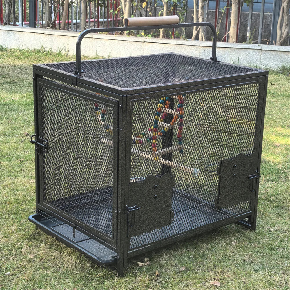 Heavy Duty Wrought Iron Bird Cage Travel Carrier Cage with Handle Wooden Perch for Parrots Canaries Budgies Lovebirds Cockatiels