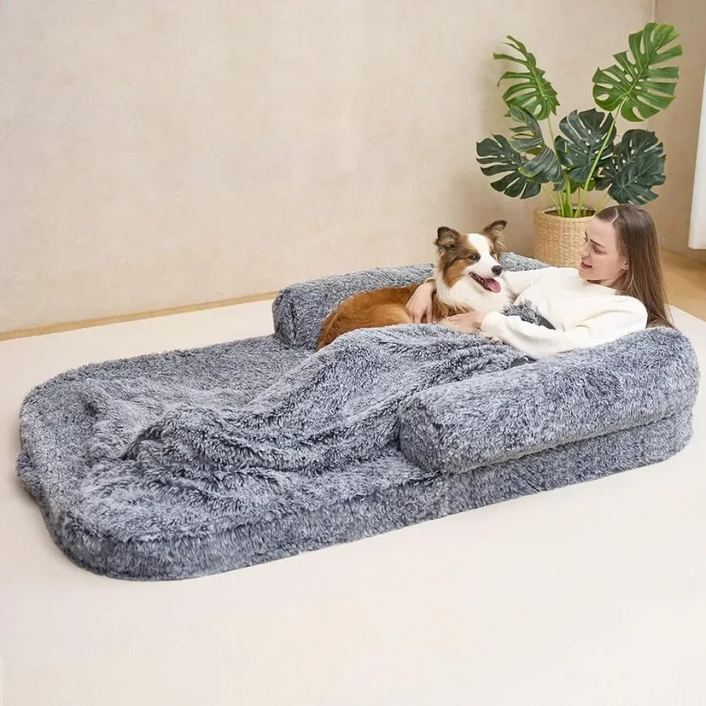 Foldable Human Dog Bed for Adult, Orthopedic Memory Foam Dog Bed, Waterproof Faux Fur Human Sized Dog Bed, 72x44x12 Inches