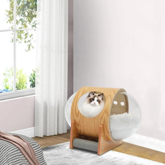 Wooden Cat Bed, Modern Spaceship Bed with Acrylic Dome, Large Transparent Capsule for Indoor Use, Covered Cat House with Cushion