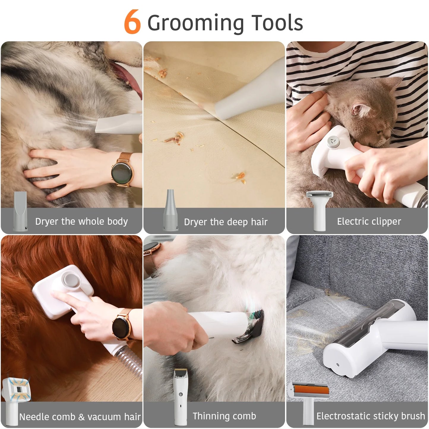 Dog Grooming Kit Low Noise Wholesale Pet Hair Vacuum Cleaner Dog Dryer Removal Brush with 6 Pet Grooming Tools