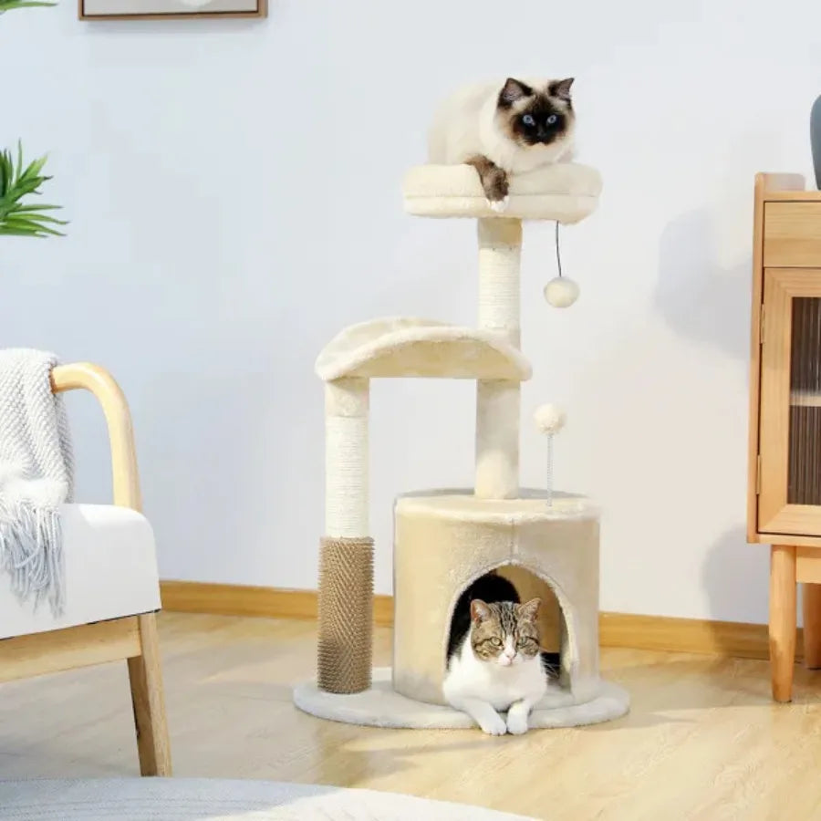 Small Cat Tree for Indoor Cats Medium Cat Tower with Interactive Cat Toy 32.7" Cat Condo with Self Groomer Brush Natural Cat Sc