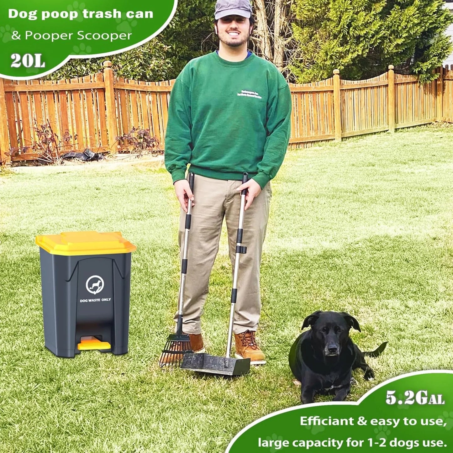 US Outdoor Dog Poop Trash Can & Metal Pooper Scooper Set for Yard - 20L/5.2 Gallen Dog Waste Trash Can Pet Waste Disposal