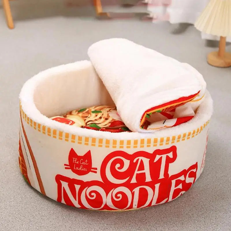 Ramen Noodle Shape Fleece-Lined Pet Bed Warm Breathable Detachable Round Cat Nest F-lip Cover Semi-enclosed Cat Bed