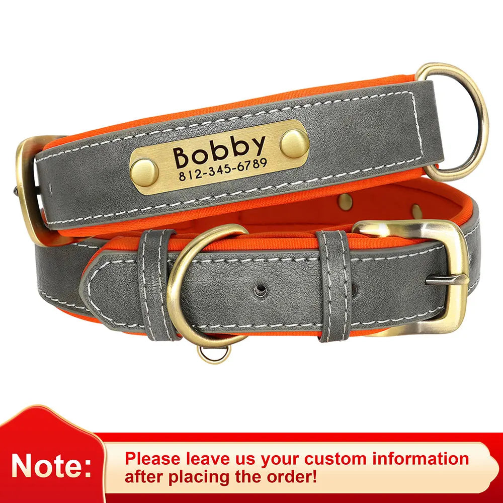 Customized Leather ID Nameplate Dog Collar Soft Padded Dogs Collars Free Engraving Name