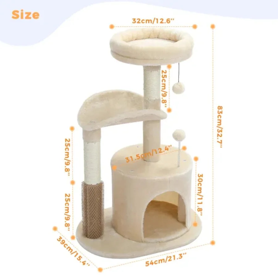 Small Cat Tree for Indoor Cats Medium Cat Tower with Interactive Cat Toy 32.7" Cat Condo with Self Groomer Brush Natural Cat Sc