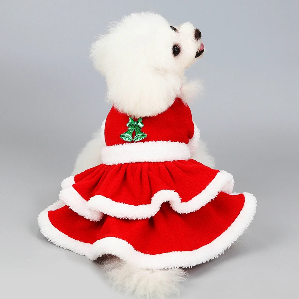 Christmas Dog Girls Costume Dress Puppy Warm Fleece Skirt Clothes Autumn Winter Pet Clothes Dog Red Skirt Fancy Dress Costume