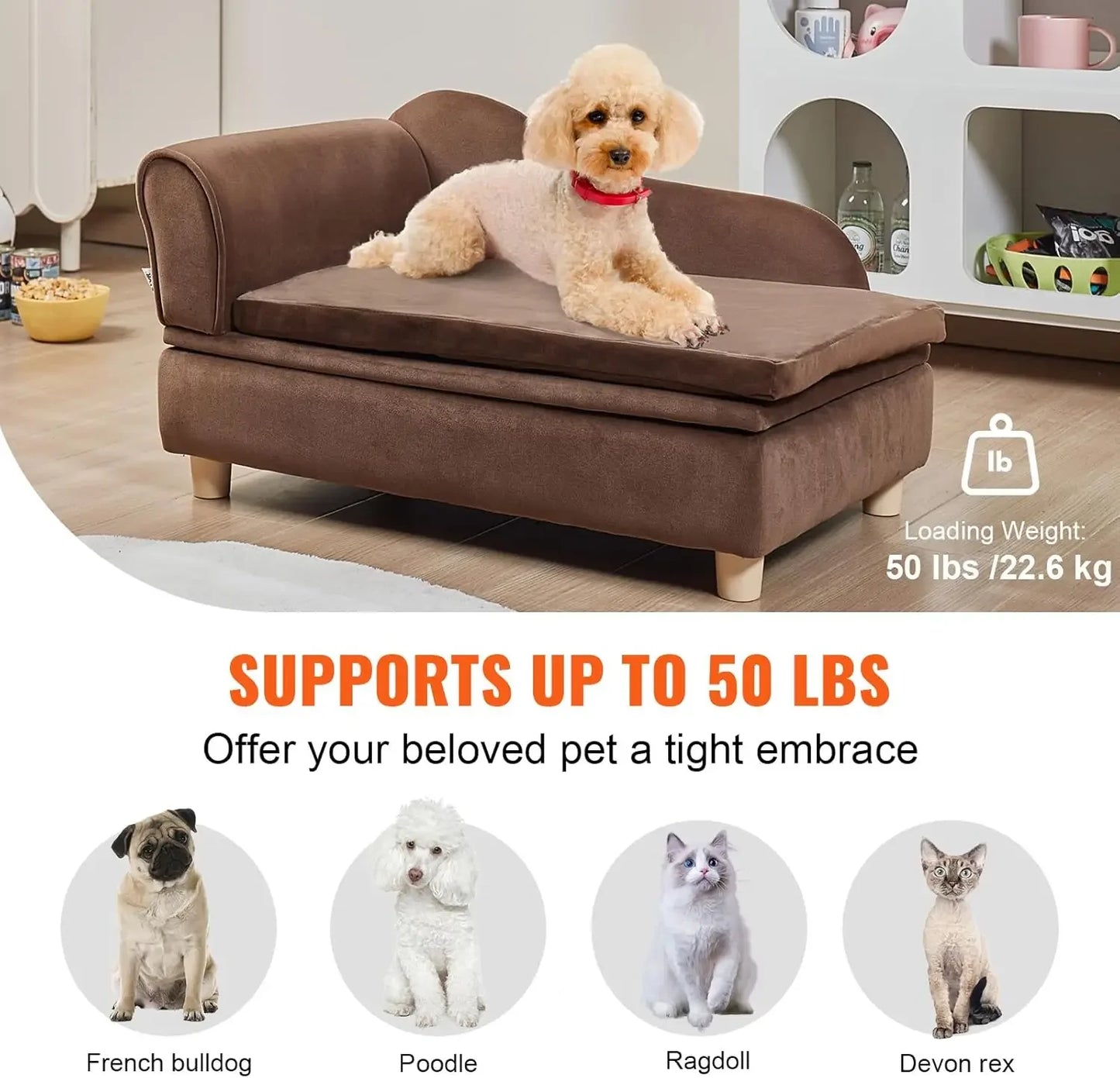 Pet Sofa, Dog Couch for Medium-Sized Dogs and Cats, Soft Velvety Dog Sofa Bed, 60 lbs Loading Cat Sofa, Dark Brown