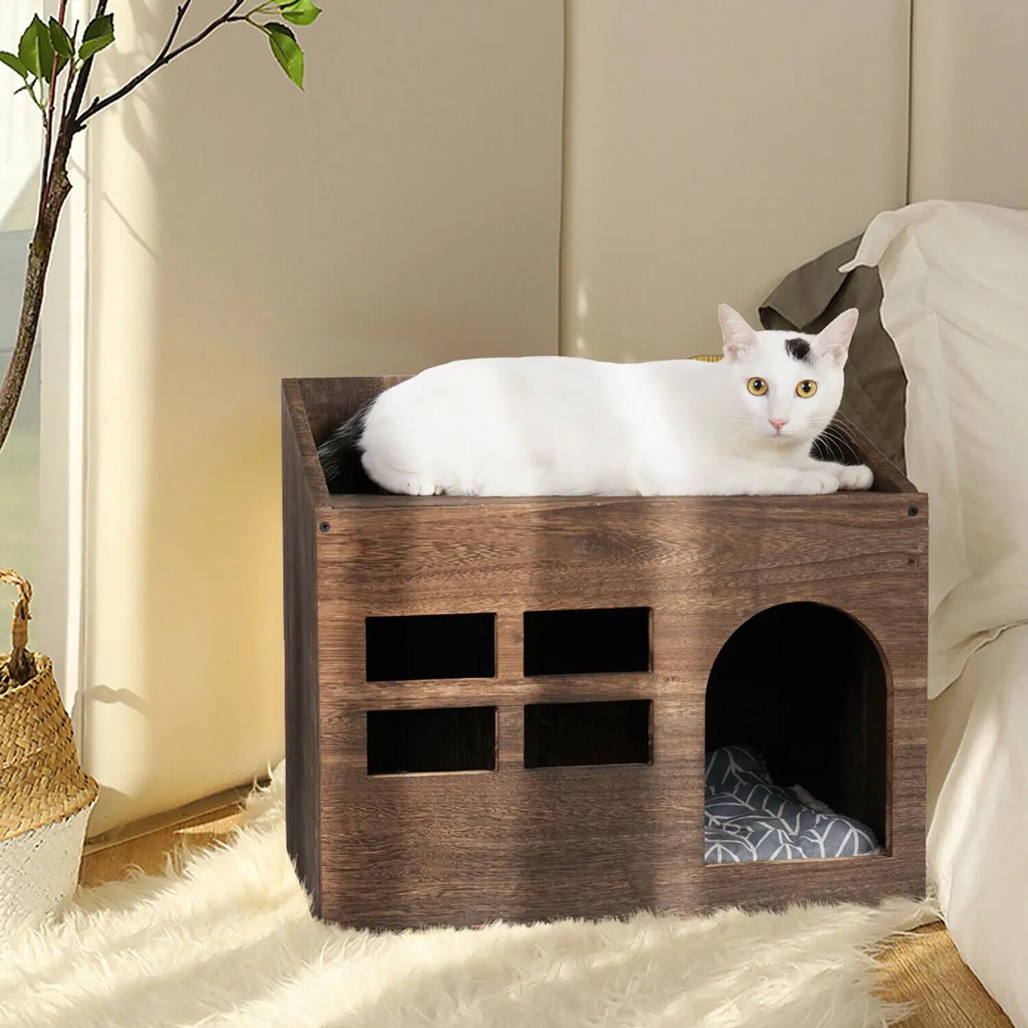 Solid Wooden Cat  Litter Box for Indoor Cat Bed Cave House Furniture with Comfortable Cushion Pad Kitten Sleep Lounge House