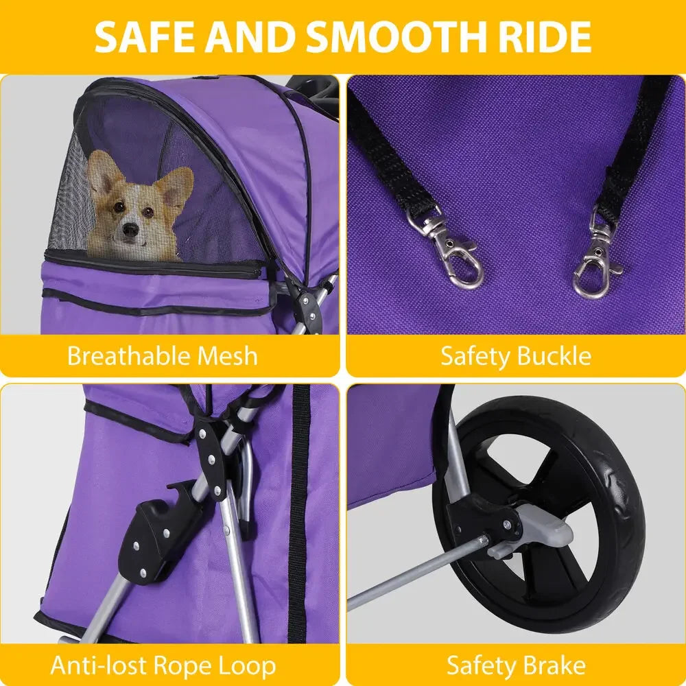 Pet Stroller for Dogs & Cats w/ 4 Wheels Pet Travel Carrier Dog Stroller Purple