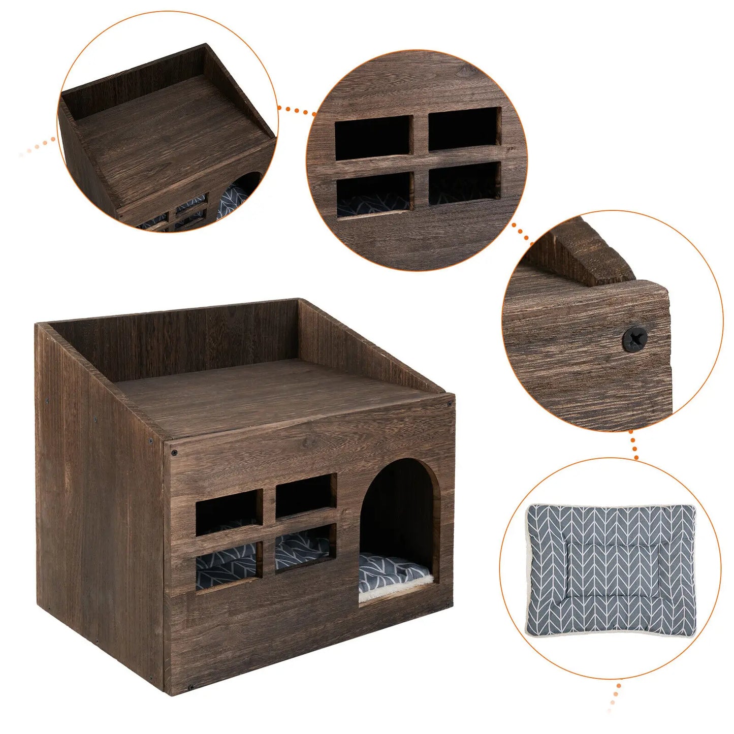 Solid Wooden Cat  Litter Box for Indoor Cat Bed Cave House Furniture with Comfortable Cushion Pad Kitten Sleep Lounge House