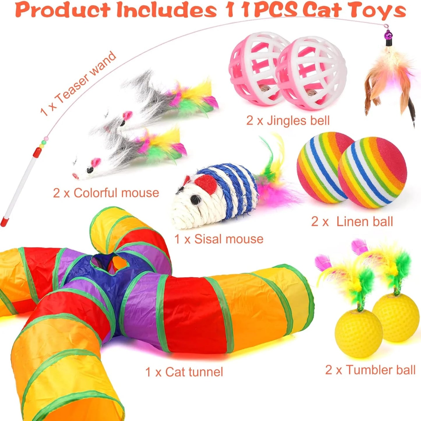 Enticing Collapsible Cat Tunnel Set with 4 Entrances - Rainbow Pinwheel Shape - Includes 11 Catnip Toys - Interactive Indoor Pla