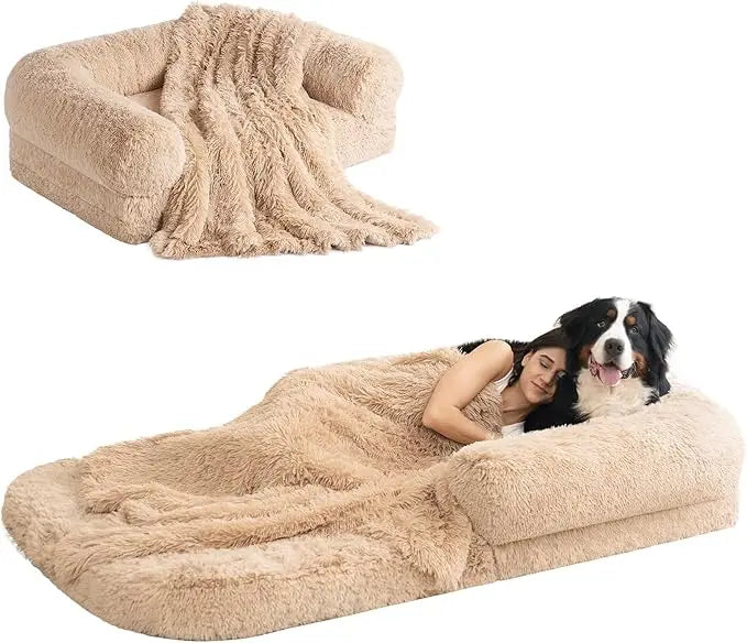 Foldable Human Dog Bed for Adult, Orthopedic Memory Foam Dog Bed, Waterproof Faux Fur Human Sized Dog Bed, 72x44x12 Inches