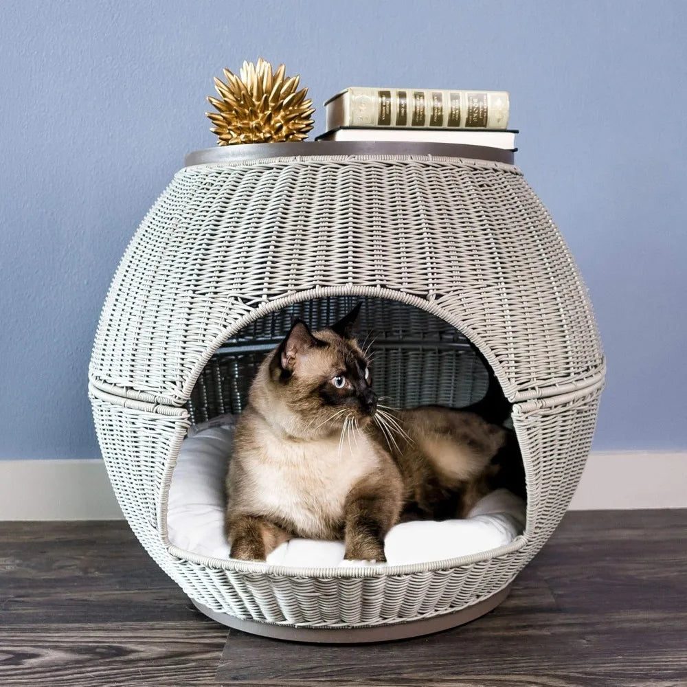 Igloo Indoor Dog Bed & Cat Bed in Smoke, Multipurpose Pet Bed with Table Top, Claw-Proof Faux Rattan is Easy to Clean, Includes