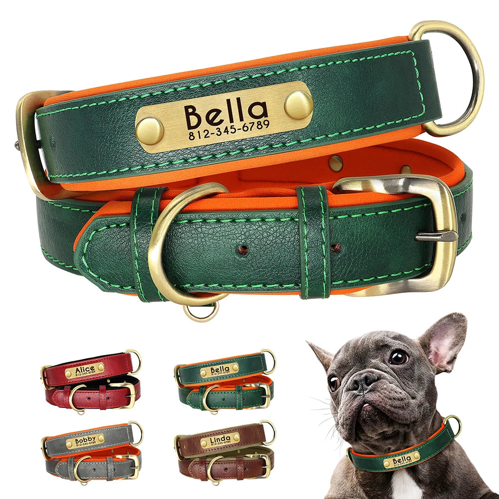 Customized Leather ID Nameplate Dog Collar Soft Padded Dogs Collars Free Engraving Name