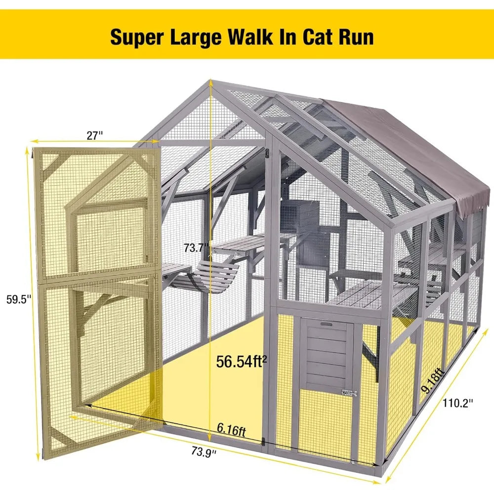 Cat Run Large Cat Enclosure Wooden Cat Catio Outdoor Kitty House with Bridges, Walks, Small Houses, Roof Cover 110 Inch